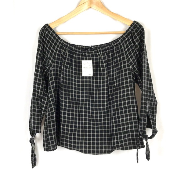 Madewell plaid off the shoulder top tie wrists - Picture 2 of 8
